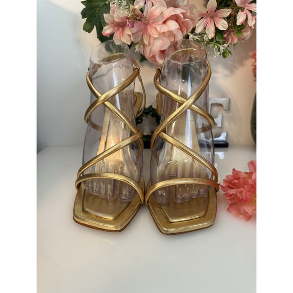 Schutz Womens Lovi Metallic Gold Tone Leather Strappy 4.5" Square Heels Sz 7.5B - Picture 15 of 16
